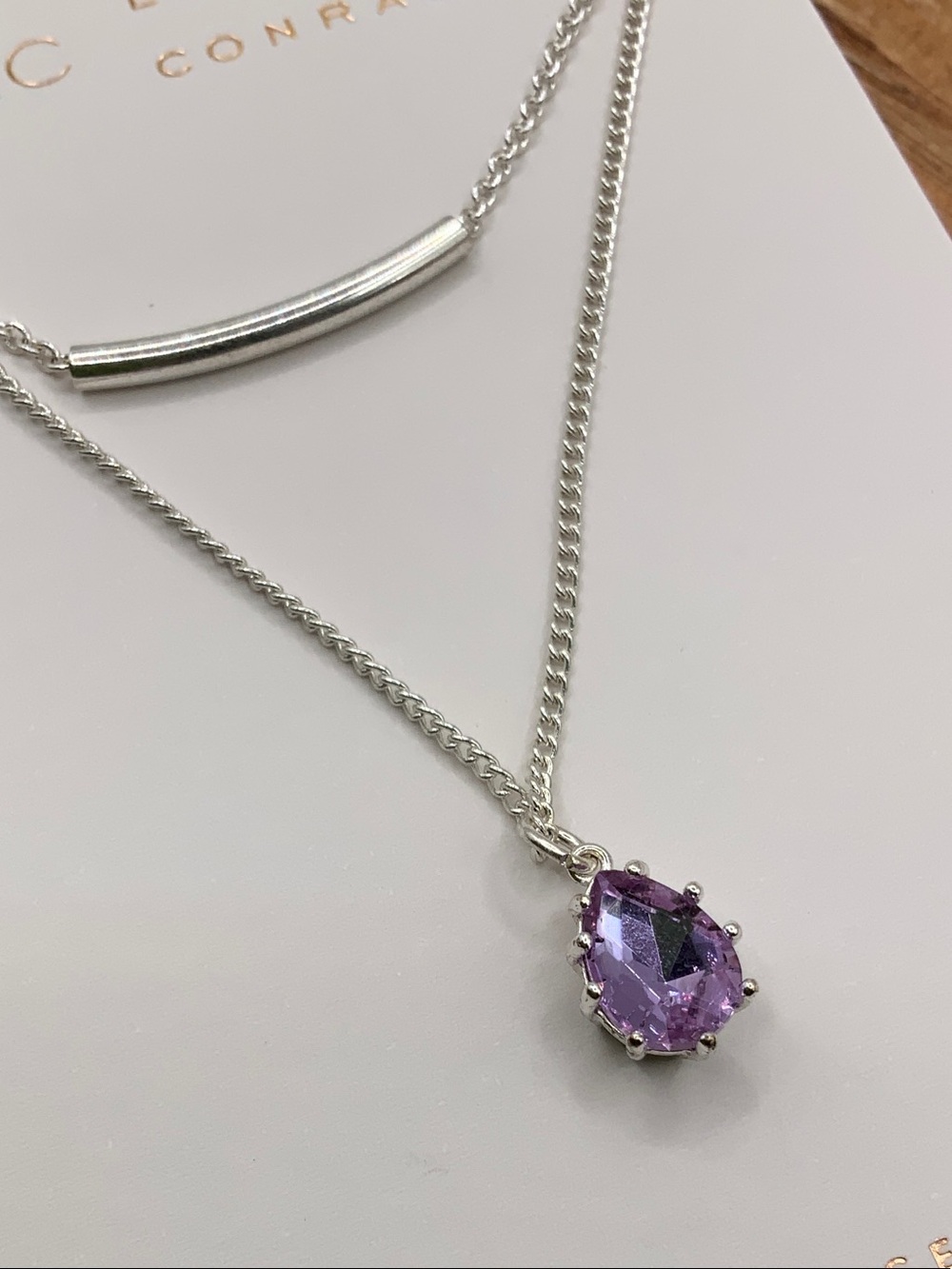 LC Lauren Conrad Silver Tone Double Chain Purple Teardrop Pendant Necklace